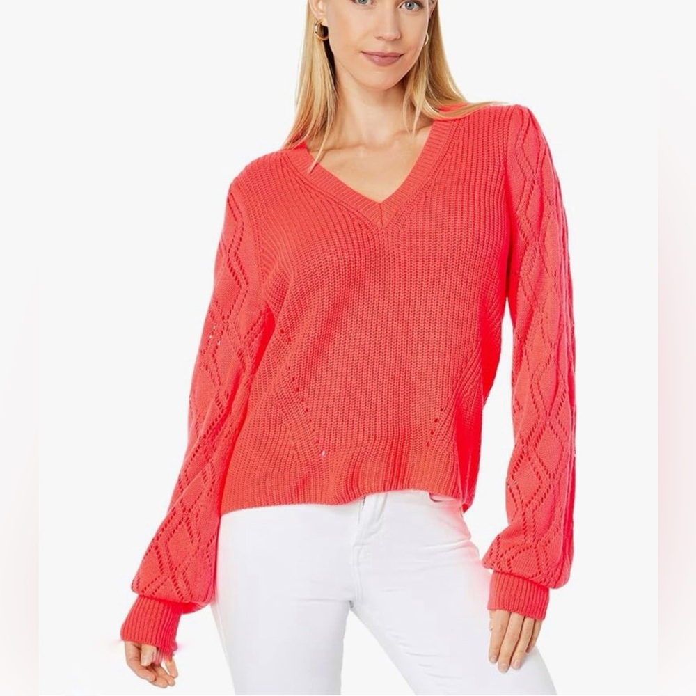 Lilly Pulitzer Luletta Sweater Neon Pink Spicy Coral Diamond Pointelle V-Neck  M